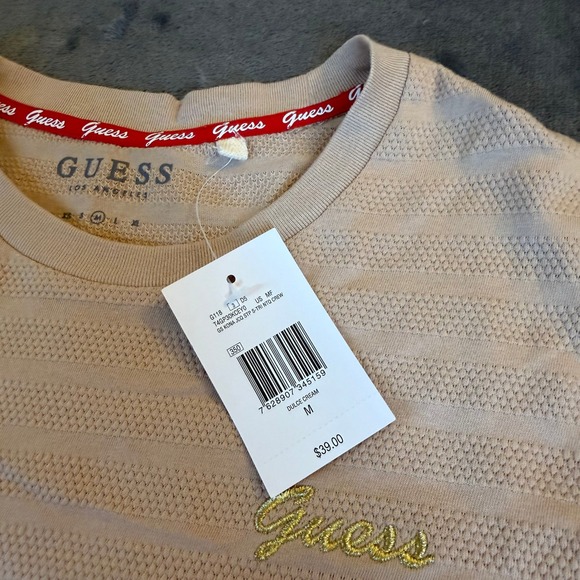 GUESS Tan Stripe Textured Crew Neck T-Shirt Short Sleeve Mens Size Medium NWT - Picture 3 of 12